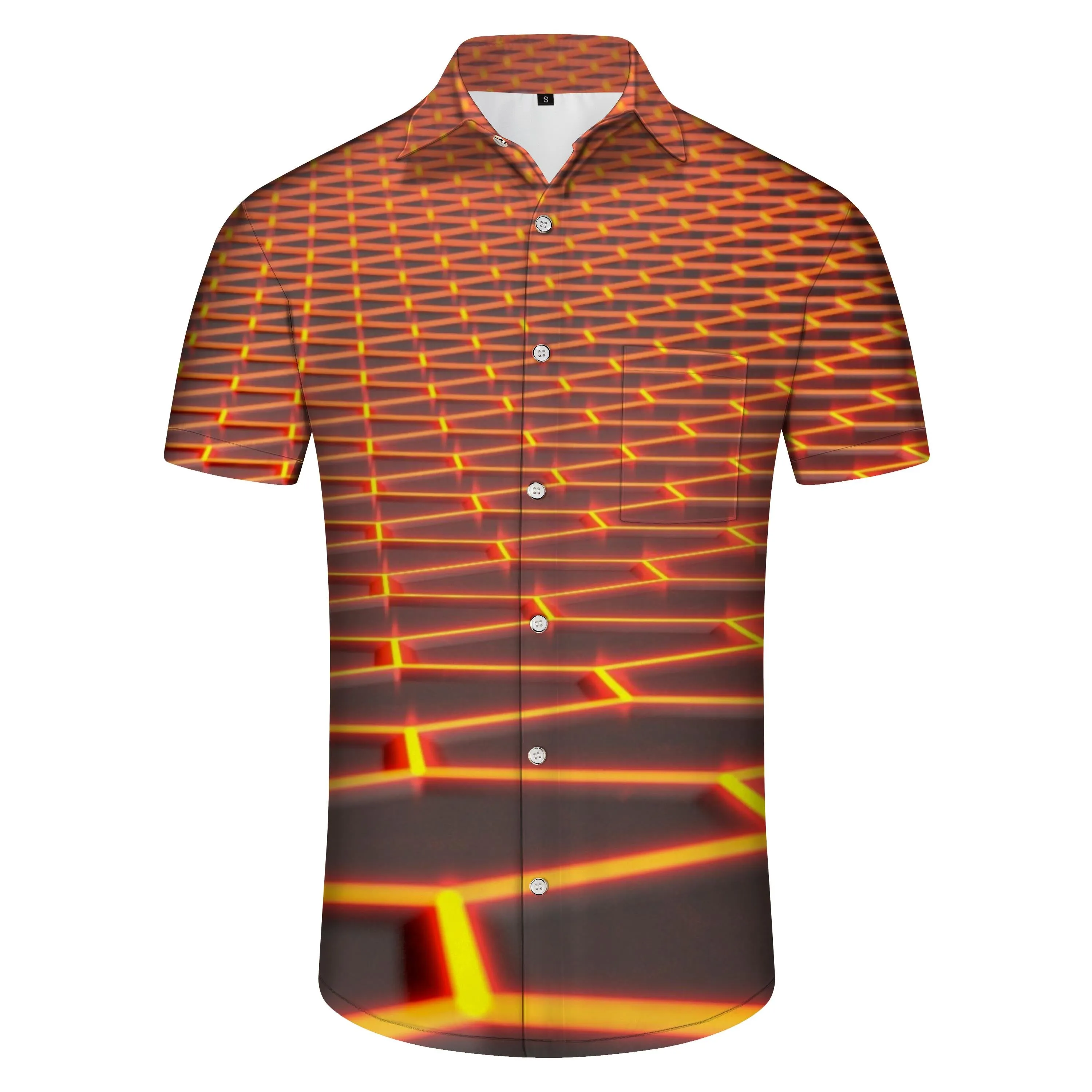 Laser Orange Geometric Tropical Casual Men's Printed Hawaiian Button Short Sleeve Beachwear Abstract Shirt