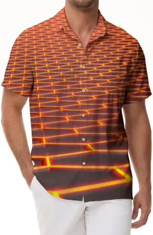 Laser Orange Geometric Tropical Casual Men's Printed Hawaiian Button Short Sleeve Beachwear Abstract Shirt