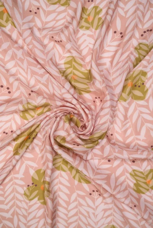 Light Sand Tone Leafy Floral Pattern Printed Natural Muslin Silk Fabric