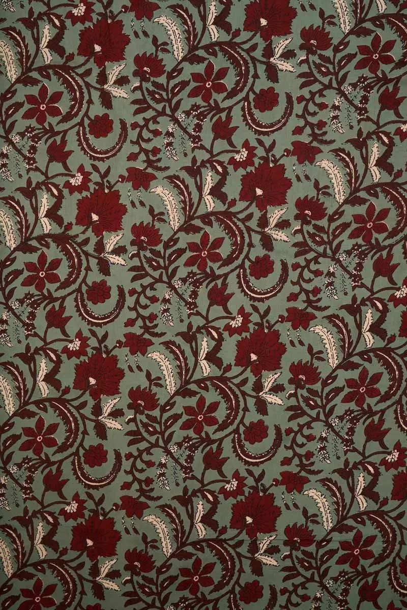 Light Teal  Pure Cotton With Maroon Floral Printed Fabric