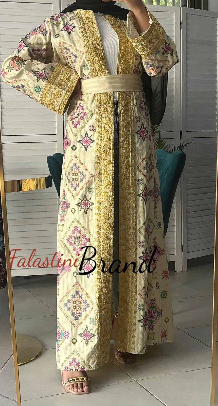 Luxurious Beige Diamond Embroidered Abaya with Golden Thread Details