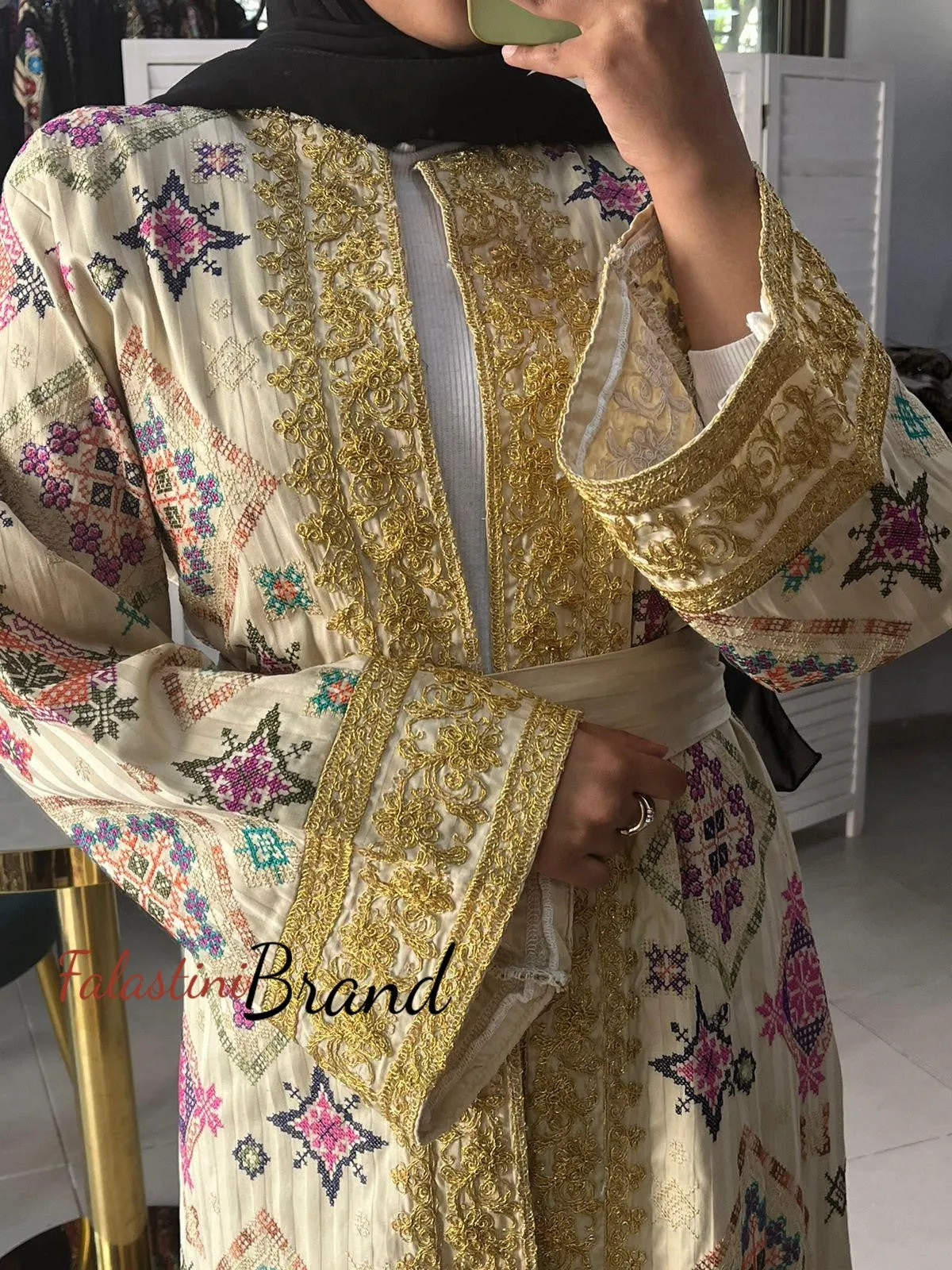 Luxurious Beige Diamond Embroidered Abaya with Golden Thread Details