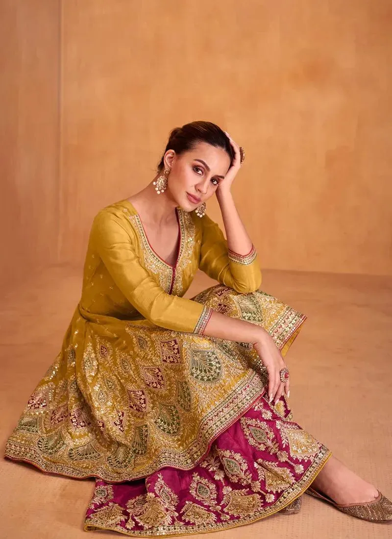 Majestic Mustard Embroidered Chinon Palazzo Suit