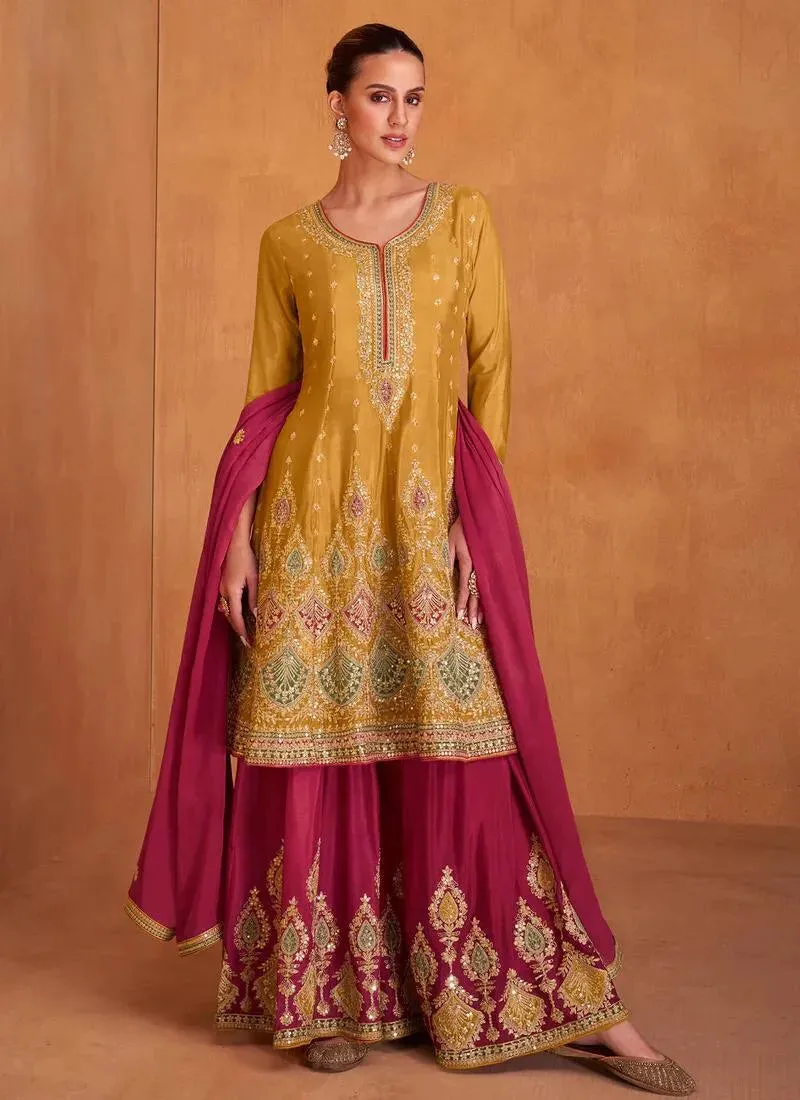 Majestic Mustard Embroidered Chinon Palazzo Suit