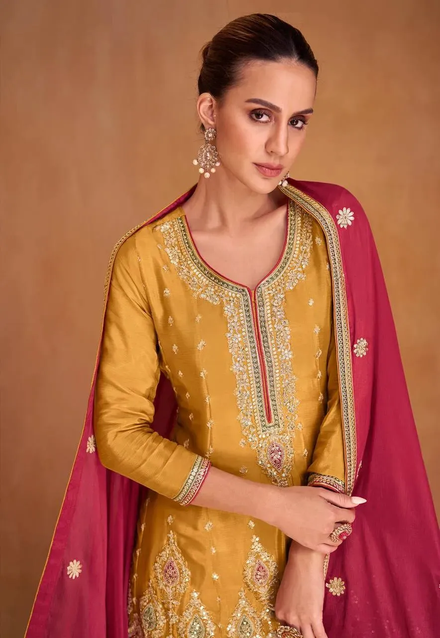 Majestic Mustard Embroidered Chinon Palazzo Suit