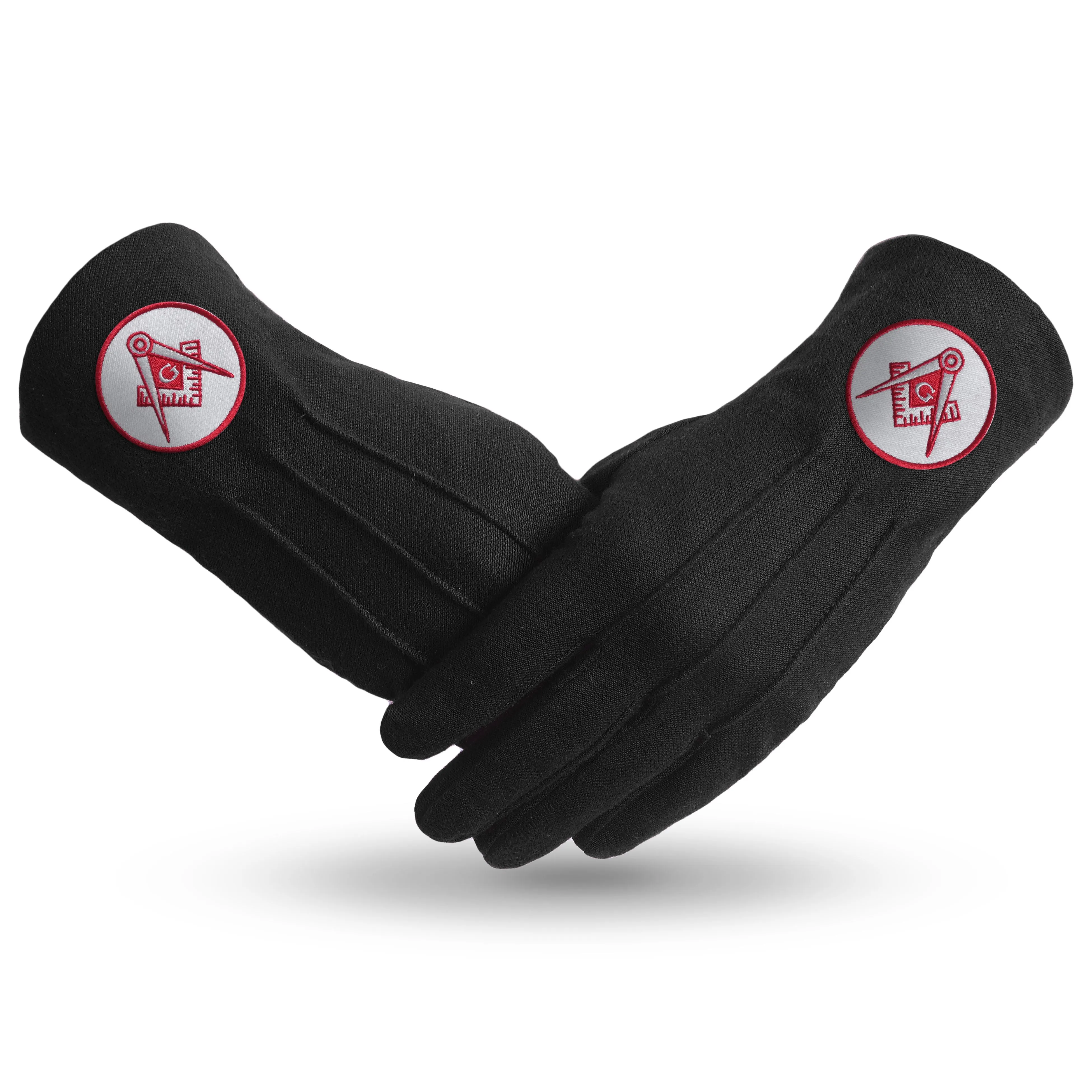 Master Mason Blue Lodge Gloves - Black Cotton With Red Emblem