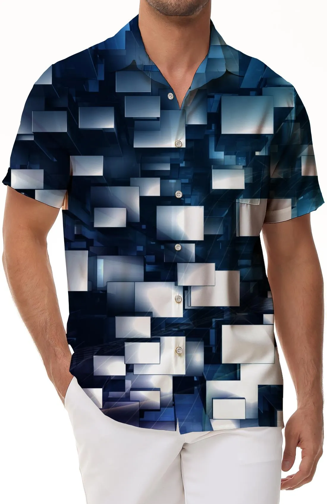 Mixed Color Asymmetric Abstract Geometric Beach Men's Print Hawaiian Button Short Sleeve Shirt Sand Color Men's