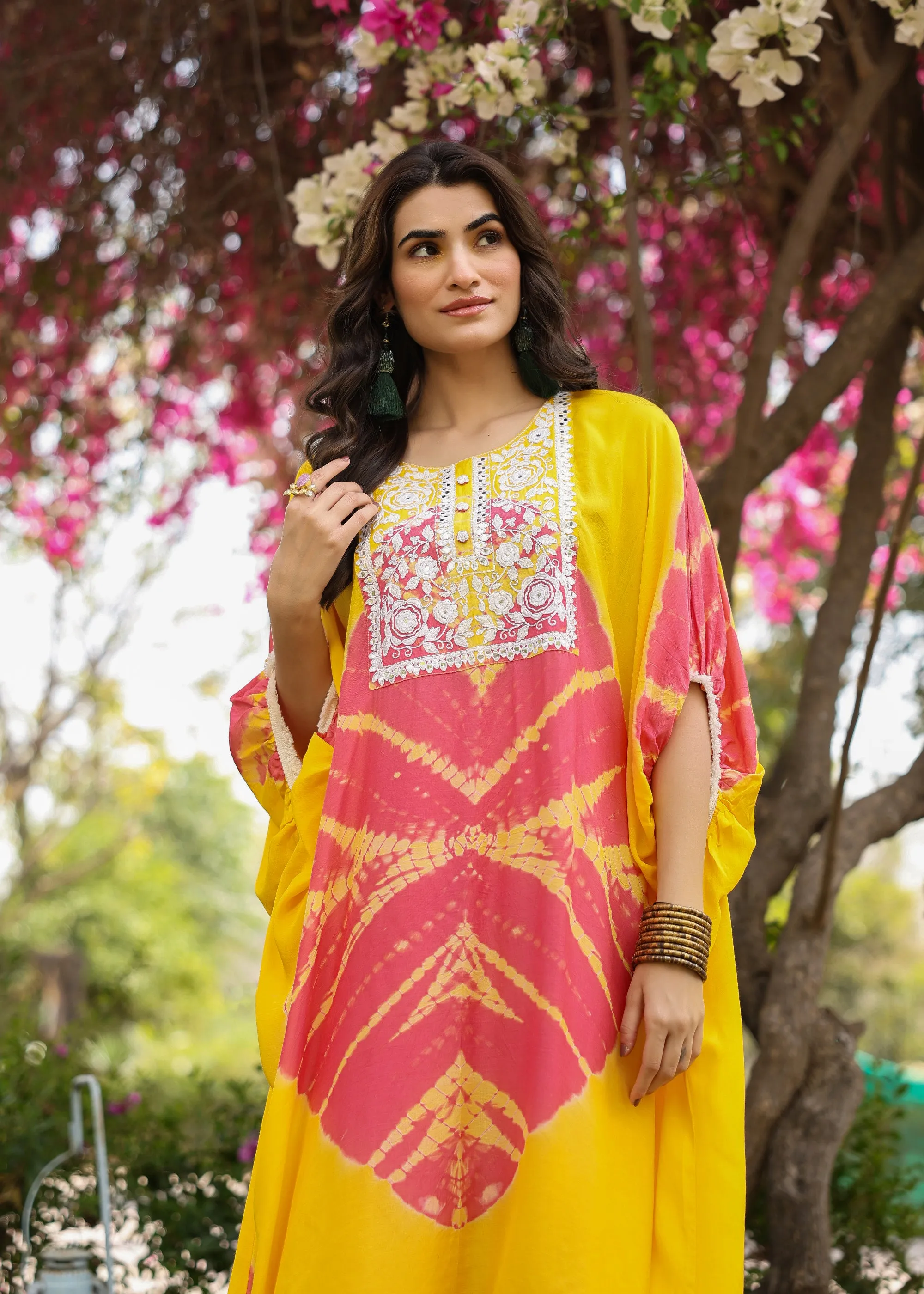 Molly Viscose Yellow & Pink Multicolor Tie dye Kaftan Coord Set