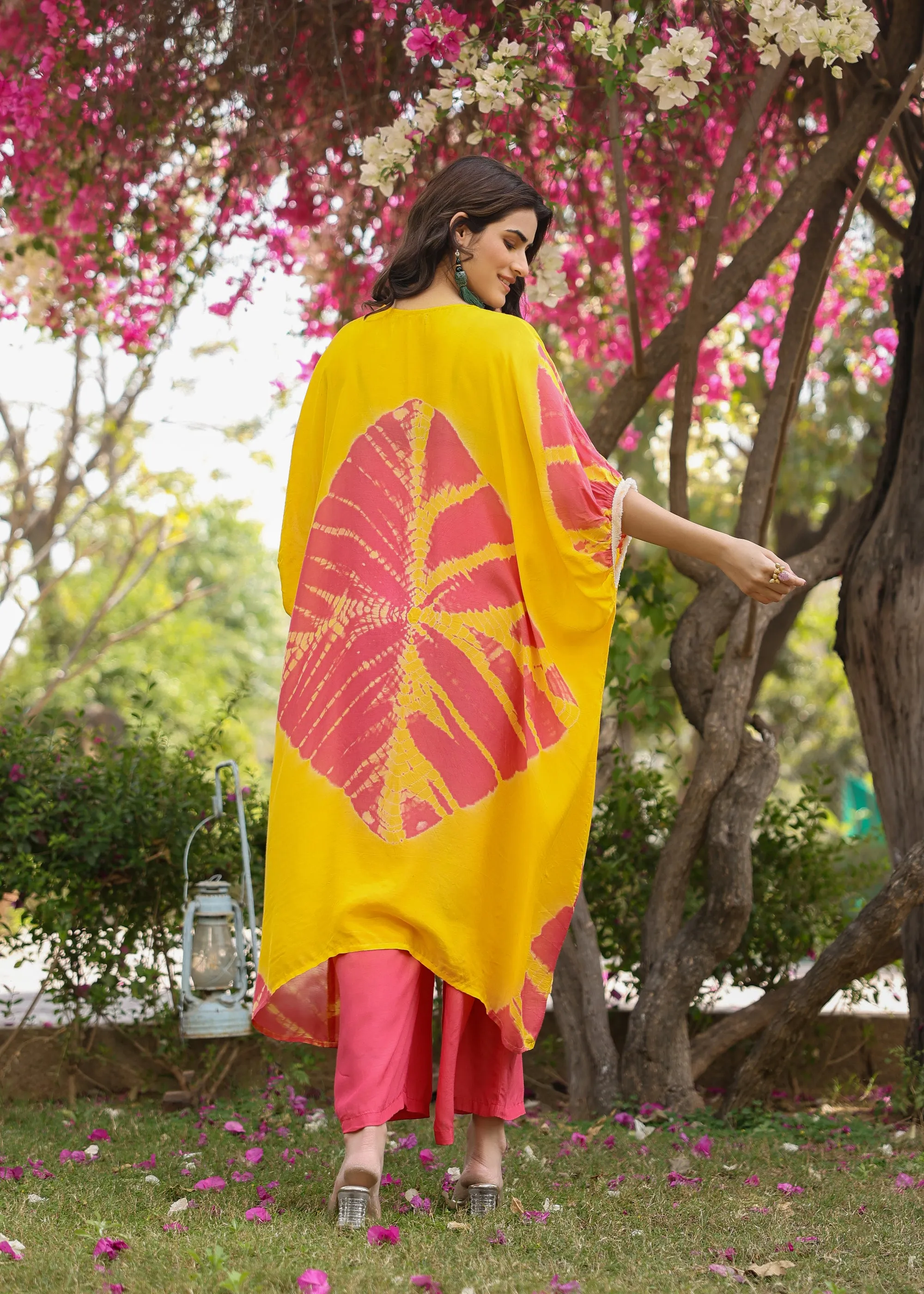 Molly Viscose Yellow & Pink Multicolor Tie dye Kaftan Coord Set