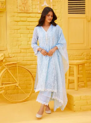 Mulmul Organza Cahya Light Blue Kurta With Mulmul Cotton Cahya Light Blue Pant