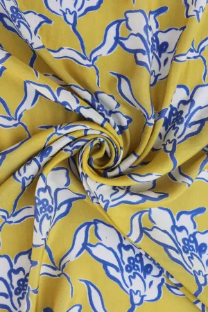 Mustard Off White Floral Pattern Printed Natural Muslin Silk Fabric