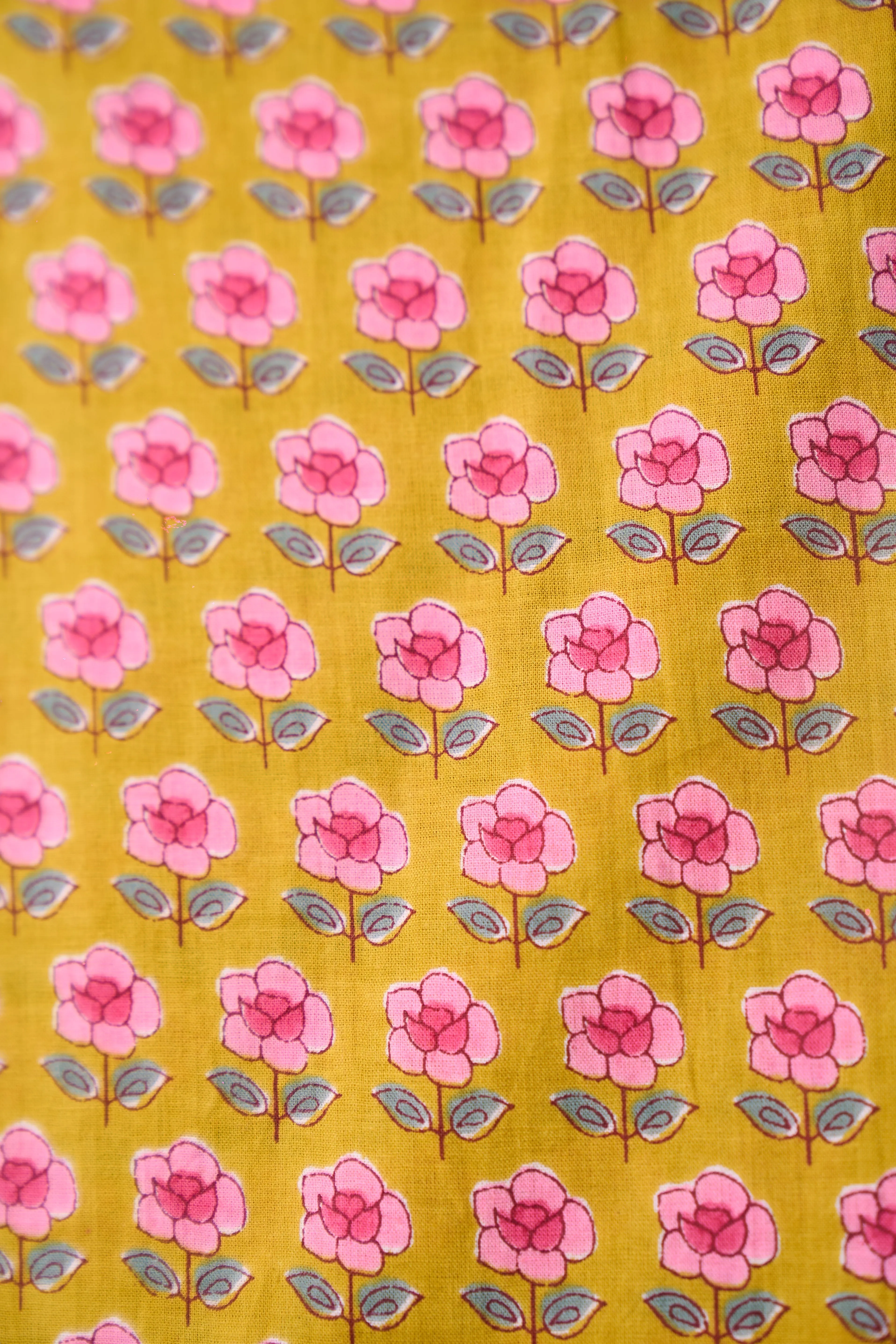 Mustard Pink Mini Flower Pattern Printed Summer Pure Cotton Fabric