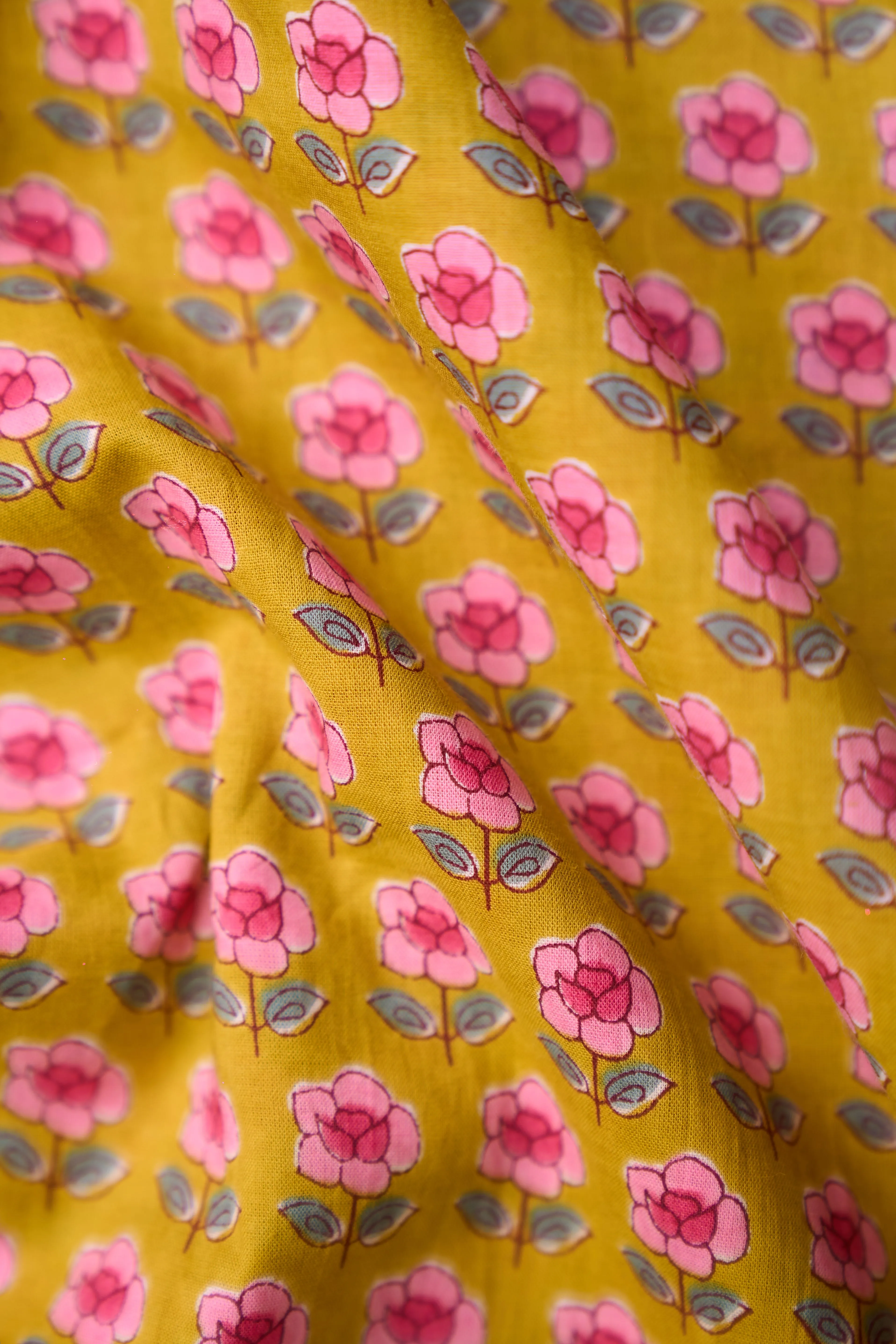 Mustard Pink Mini Flower Pattern Printed Summer Pure Cotton Fabric