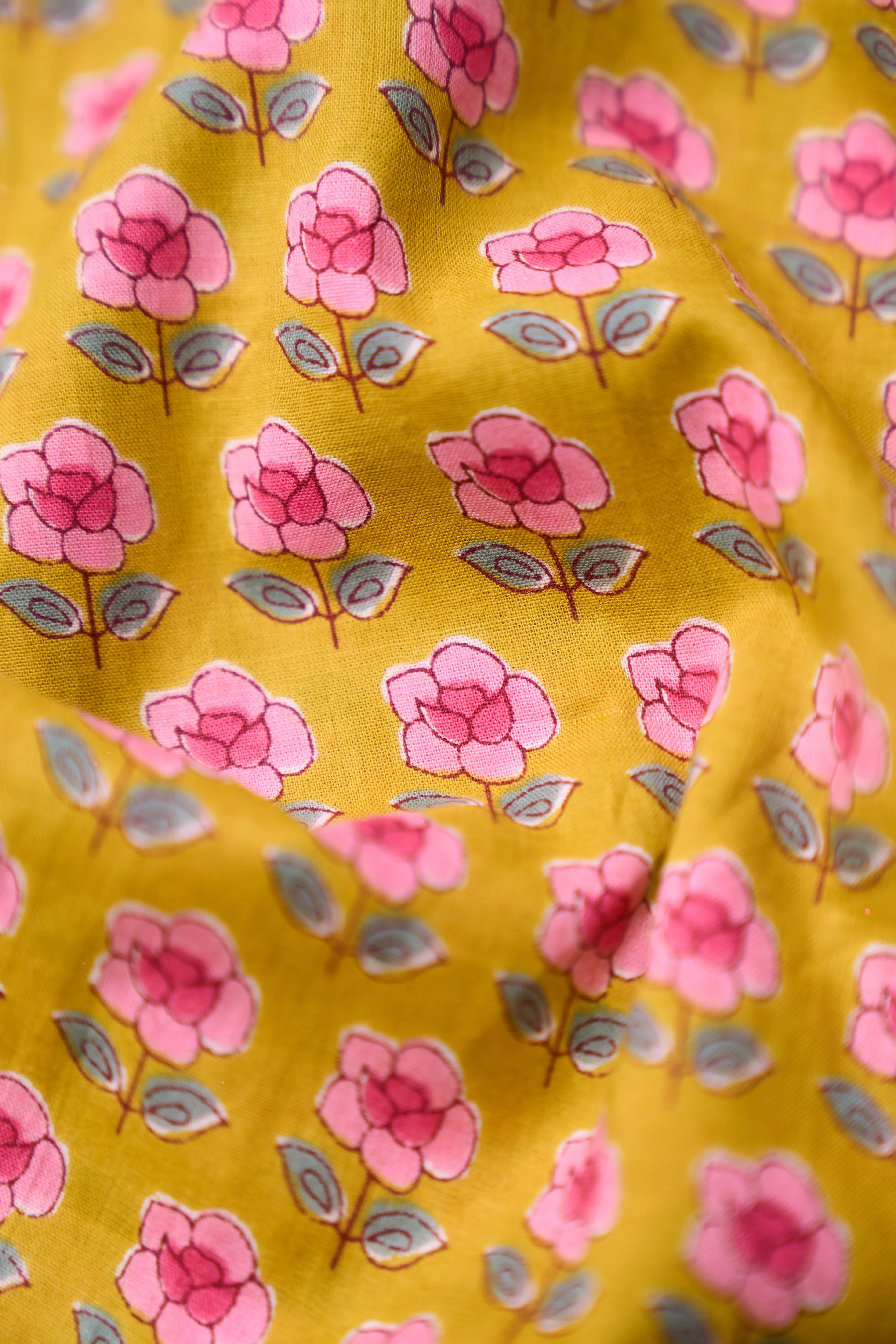 Mustard Pink Mini Flower Pattern Printed Summer Pure Cotton Fabric