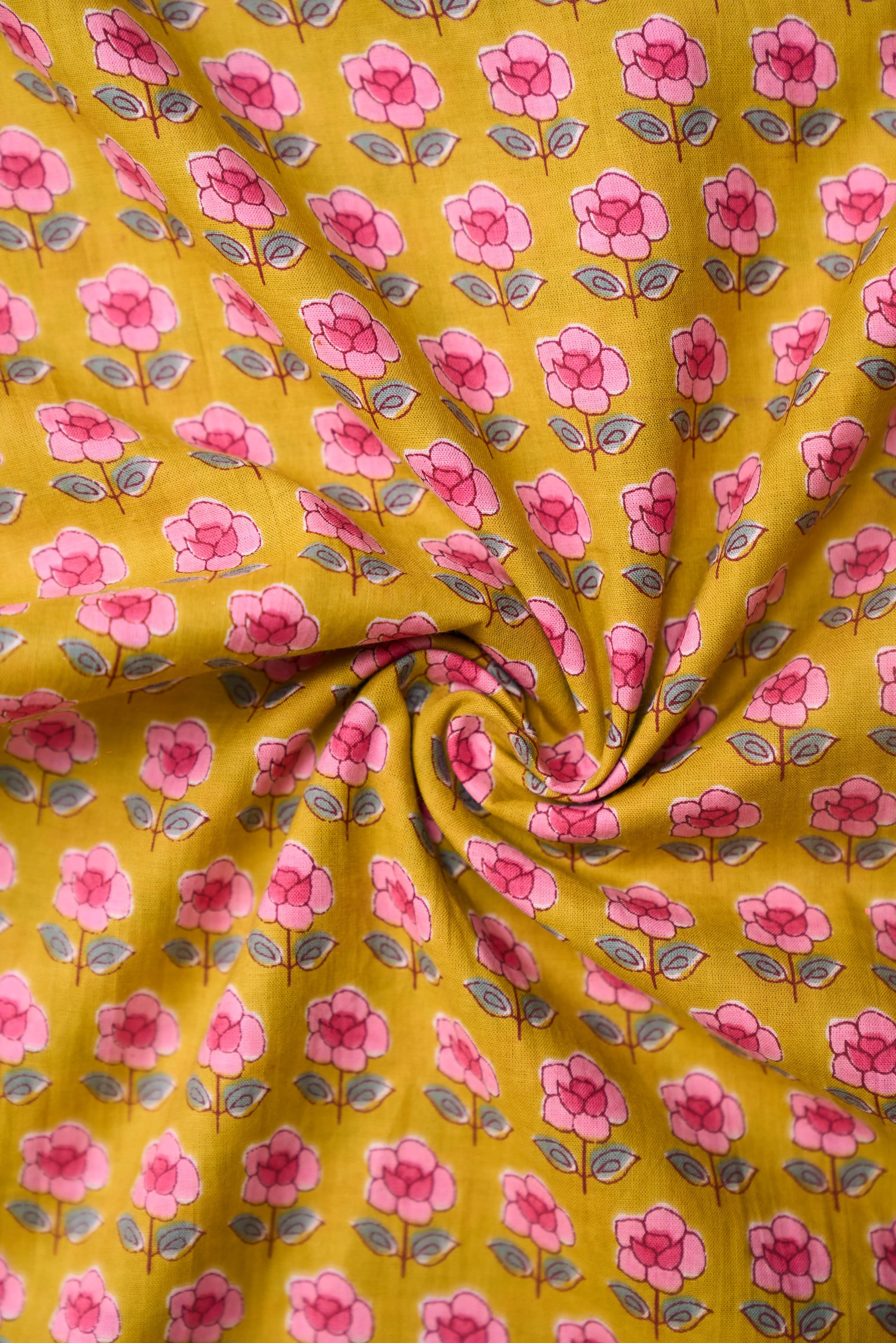 Mustard Pink Mini Flower Pattern Printed Summer Pure Cotton Fabric