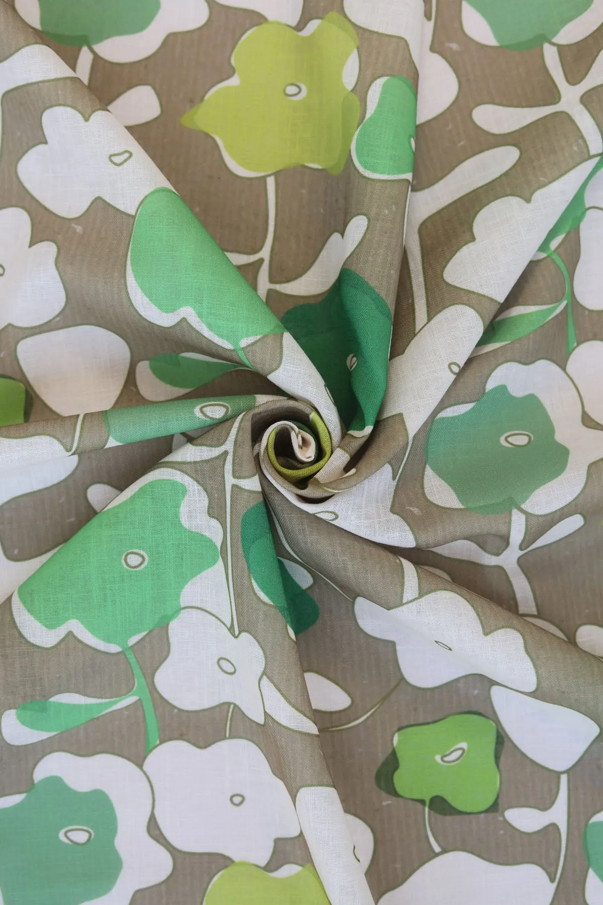 Natural Olive Green Floral Pattern Printed Eco Poly Linen Fabric