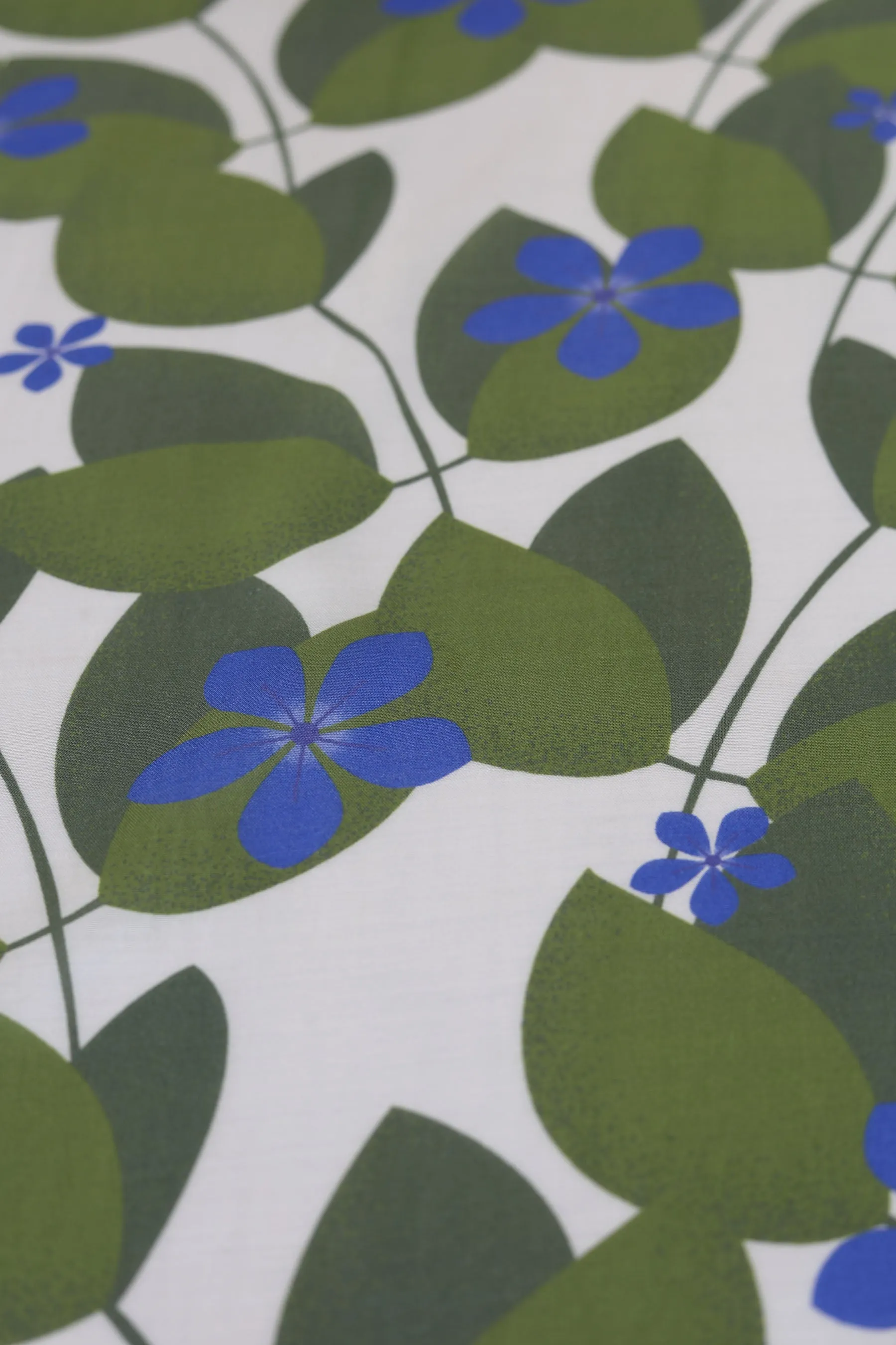 Off-white and Olive Periwinkle Pattern Printed Natural Muslin Silk Fabric