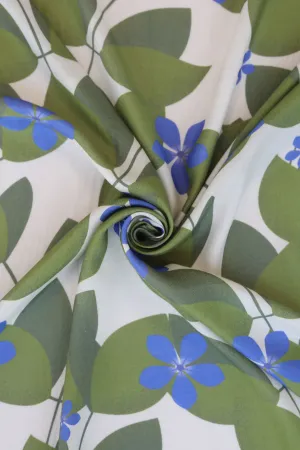 Off-white and Olive Periwinkle Pattern Printed Natural Muslin Silk Fabric