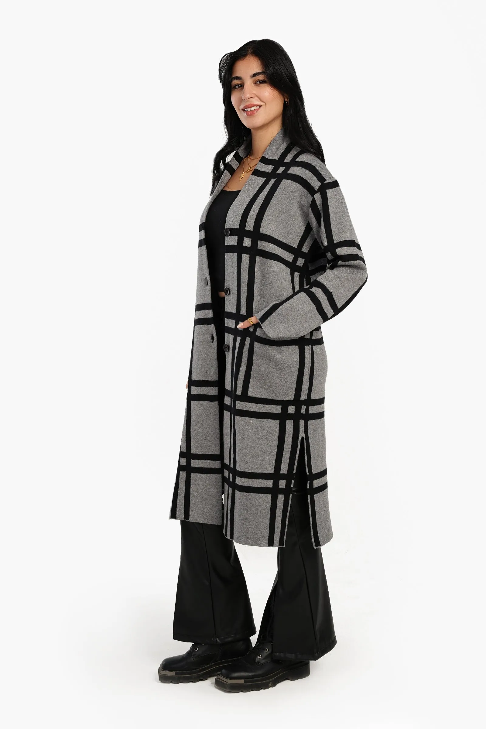 Plaid Pattern V-Neck Coat