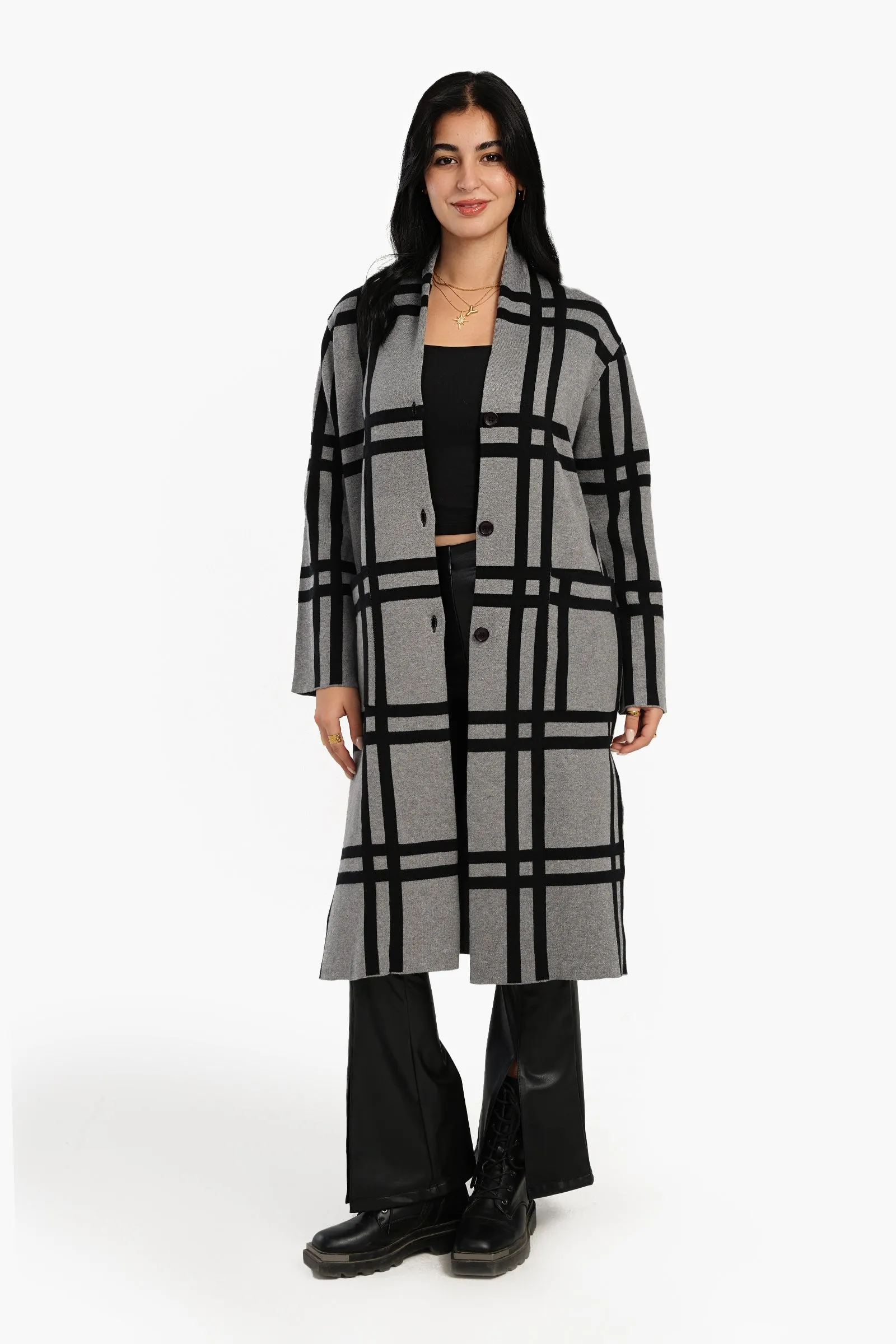 Plaid Pattern V-Neck Coat