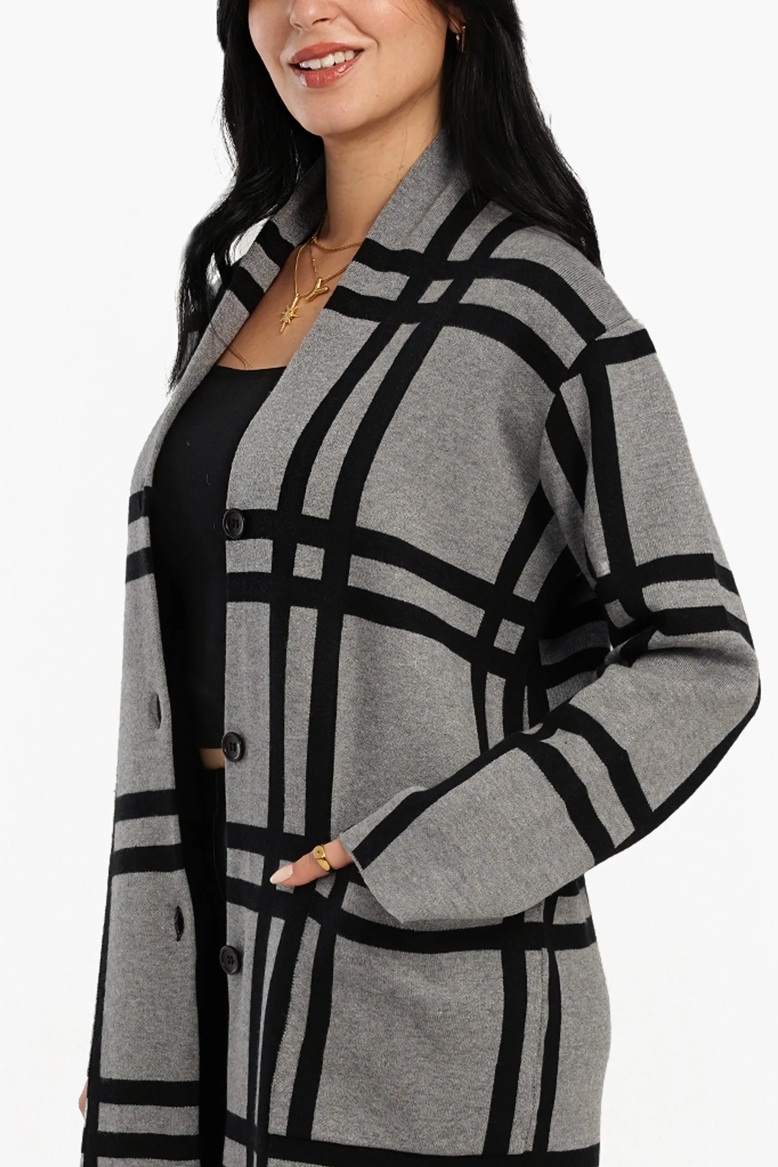 Plaid Pattern V-Neck Coat