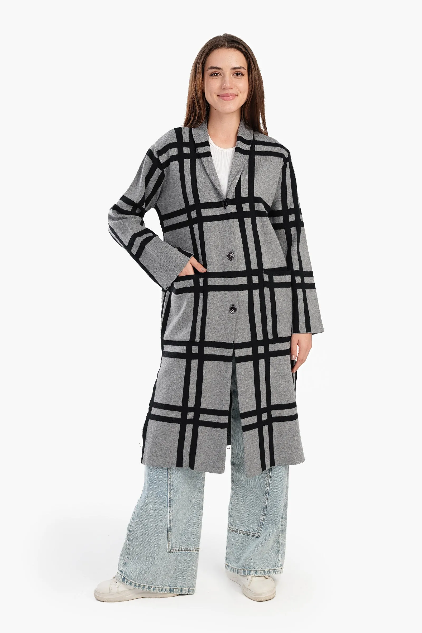 Plaid Pattern V-Neck Coat