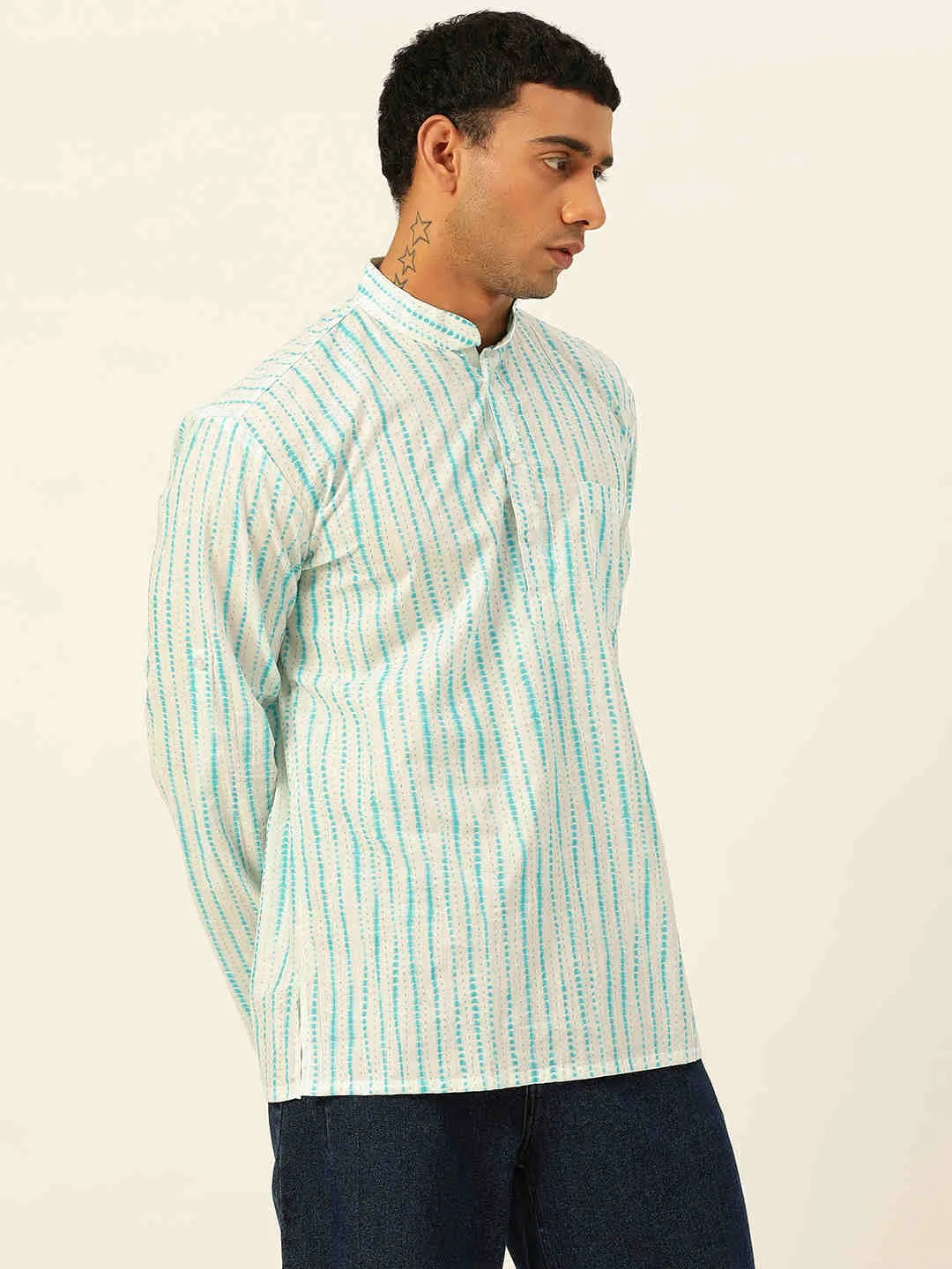 Premium Sky Blue Tie Dye Handblock Printed Short Kurta