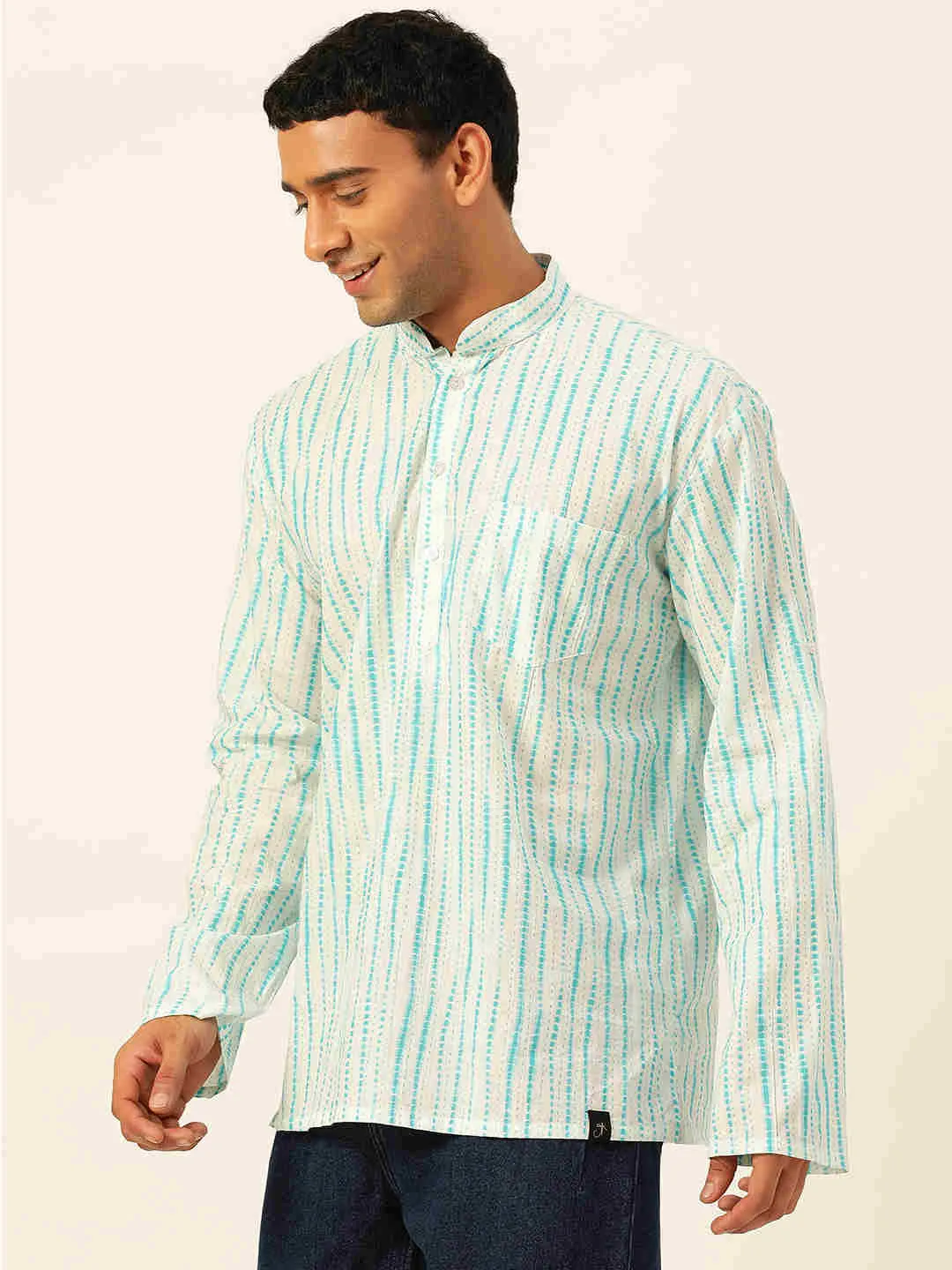 Premium Sky Blue Tie Dye Handblock Printed Short Kurta