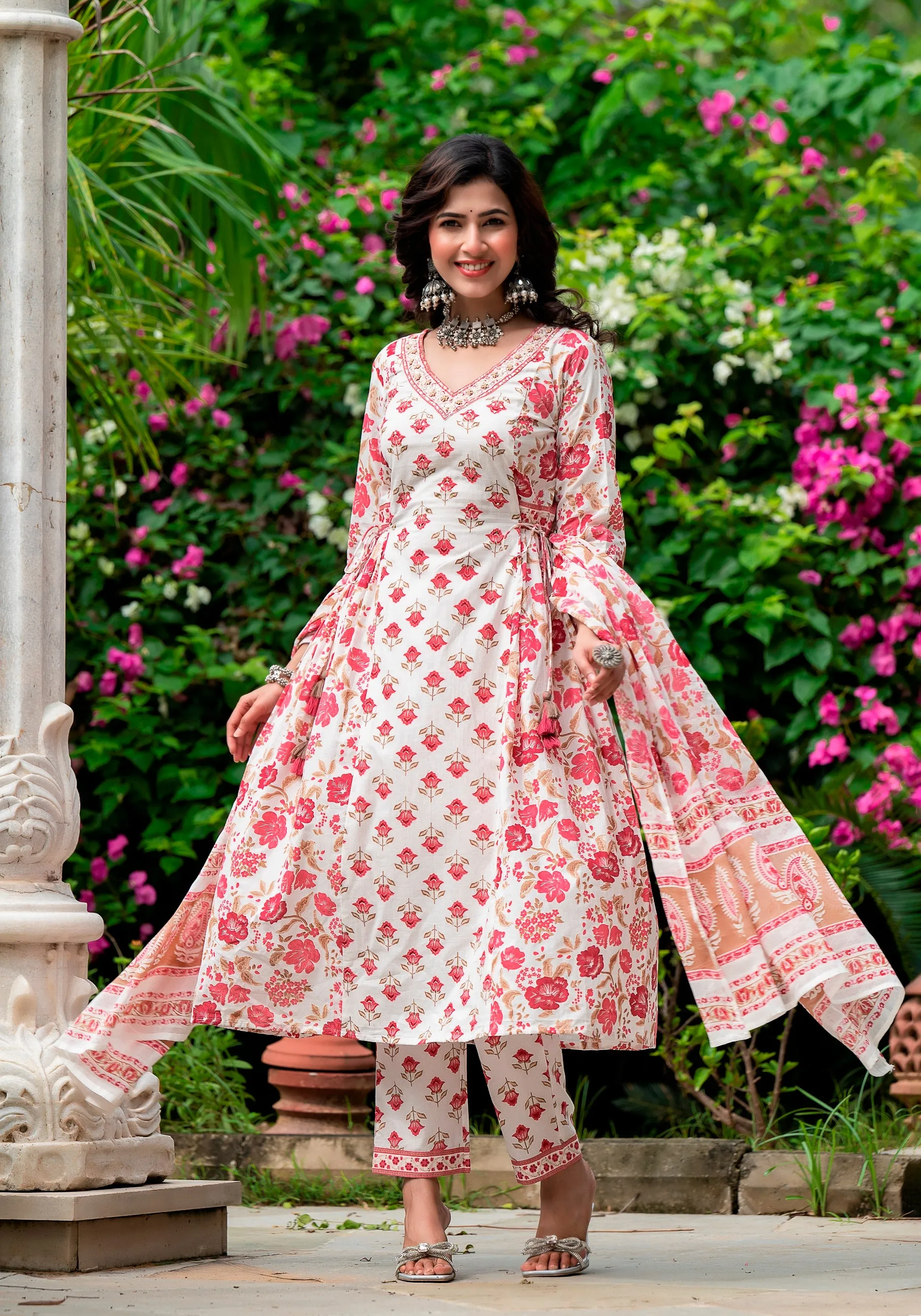 Red Applique Handwork Cotton Suit Set (Plus Size)