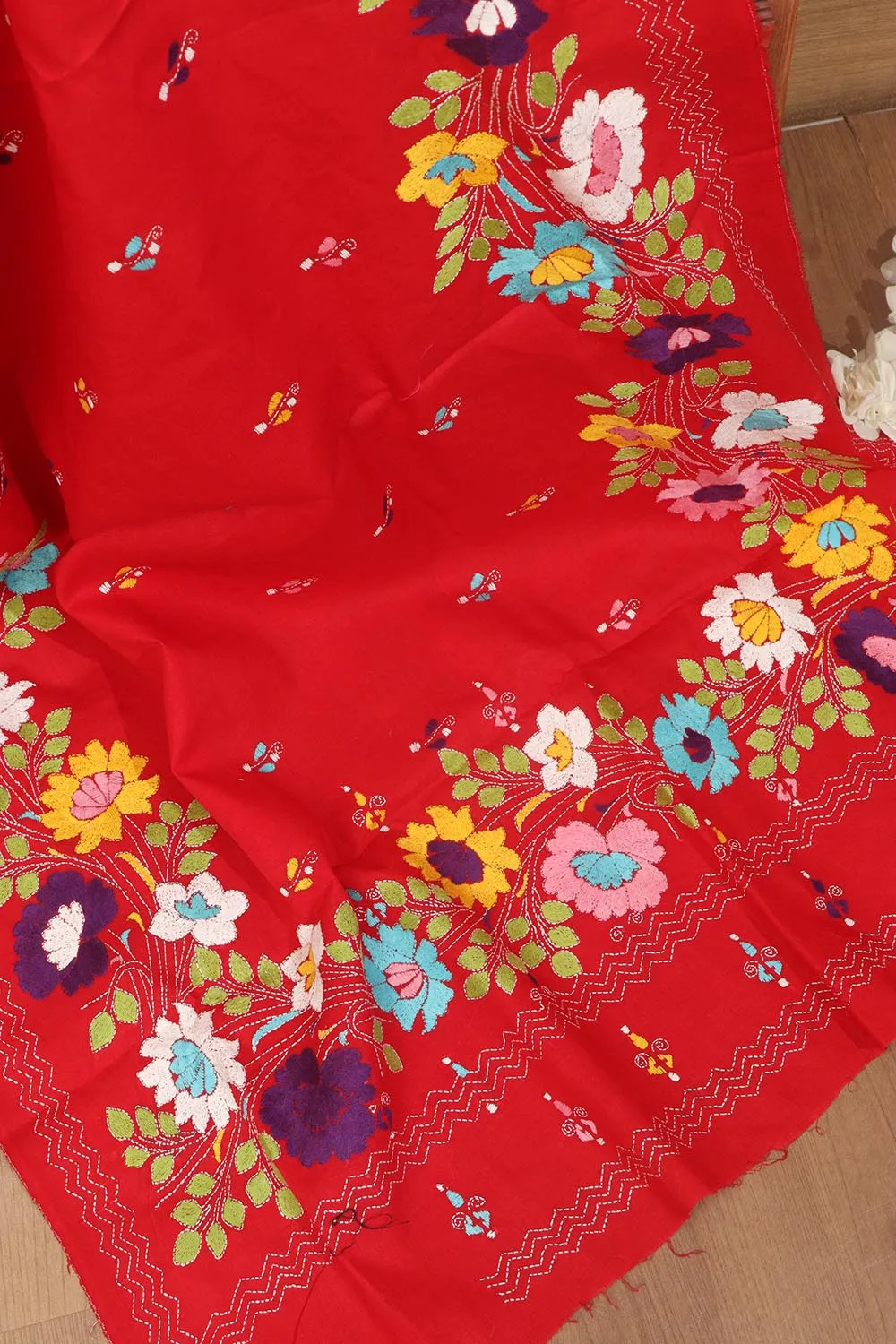 Red Hand Embroidered Kantha Pure Cotton Dupatta