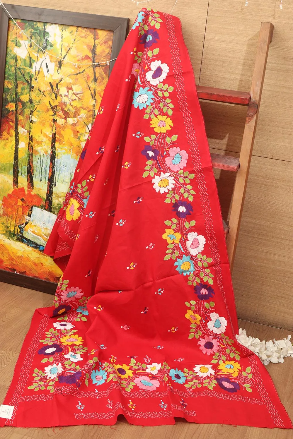 Red Hand Embroidered Kantha Pure Cotton Dupatta