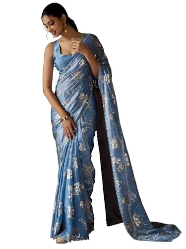 SAREE MALL Women's Blue Pure Silk Foil Printed Saree With Unstitched Blouse (MAHEK1012C_MK)