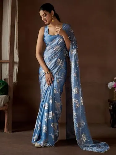 SAREE MALL Women's Blue Pure Silk Foil Printed Saree With Unstitched Blouse (MAHEK1012C_MK)