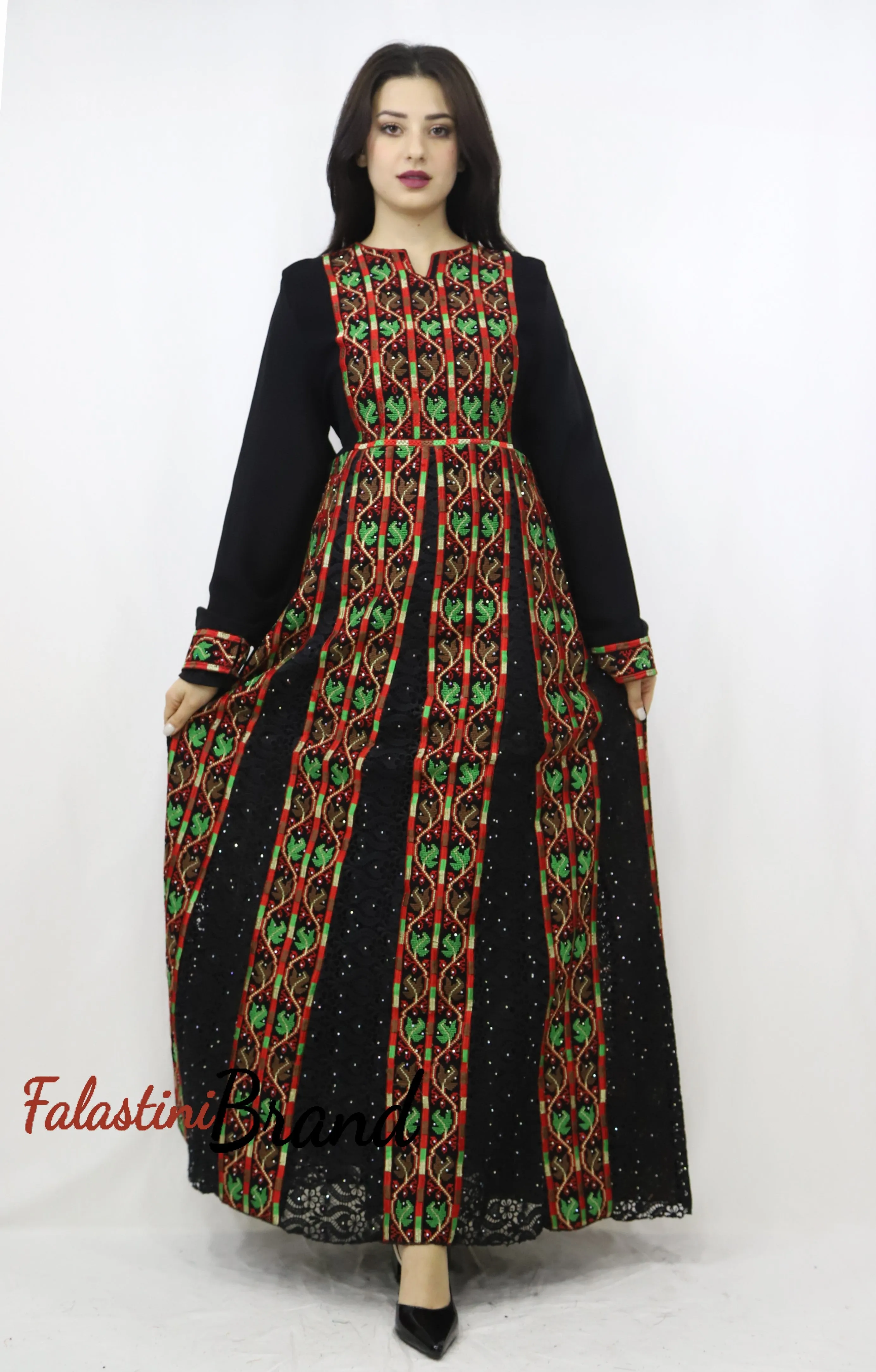 Stylish Layered Red And Green Embroidered Tobe Dress With Lace Details