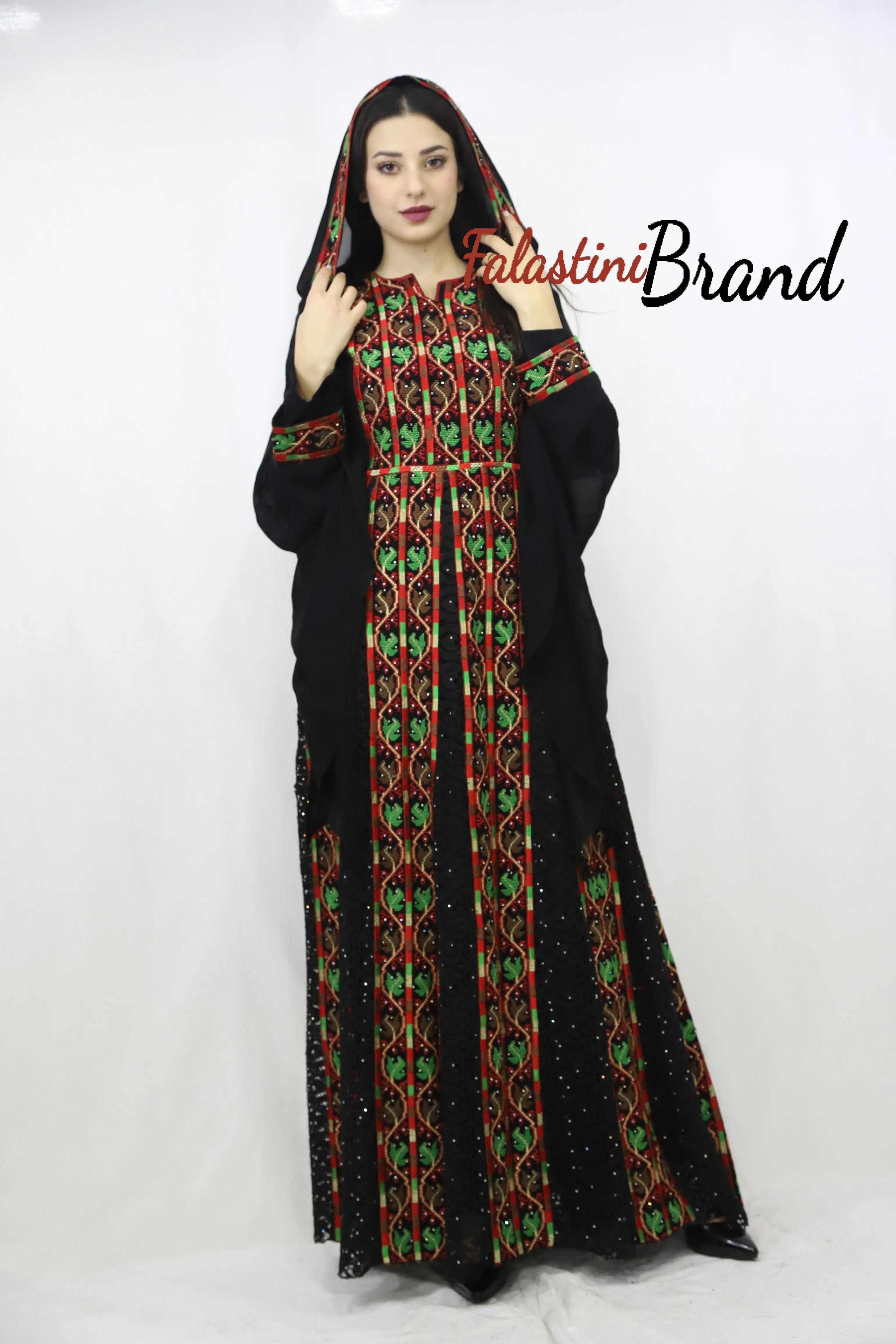 Stylish Layered Red And Green Embroidered Tobe Dress With Lace Details