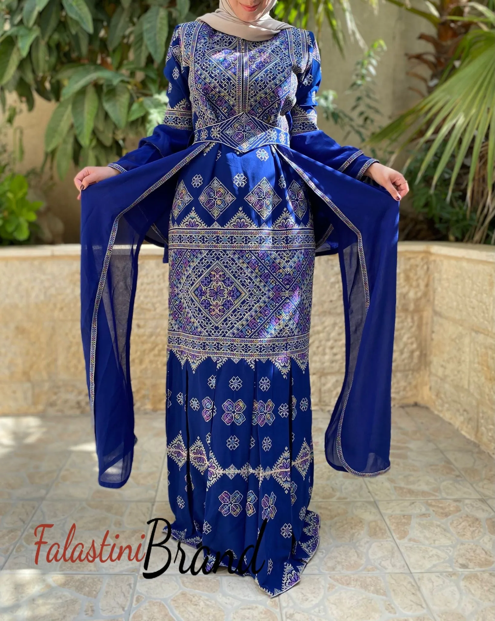 Stylish Mermaid Royal Blue Palestinian Embroidered Dress