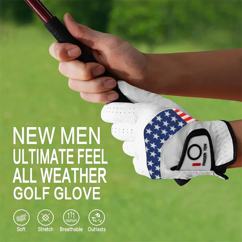 USA Flag Golf Gloves Men Leather All Weather Grip 5 Pack