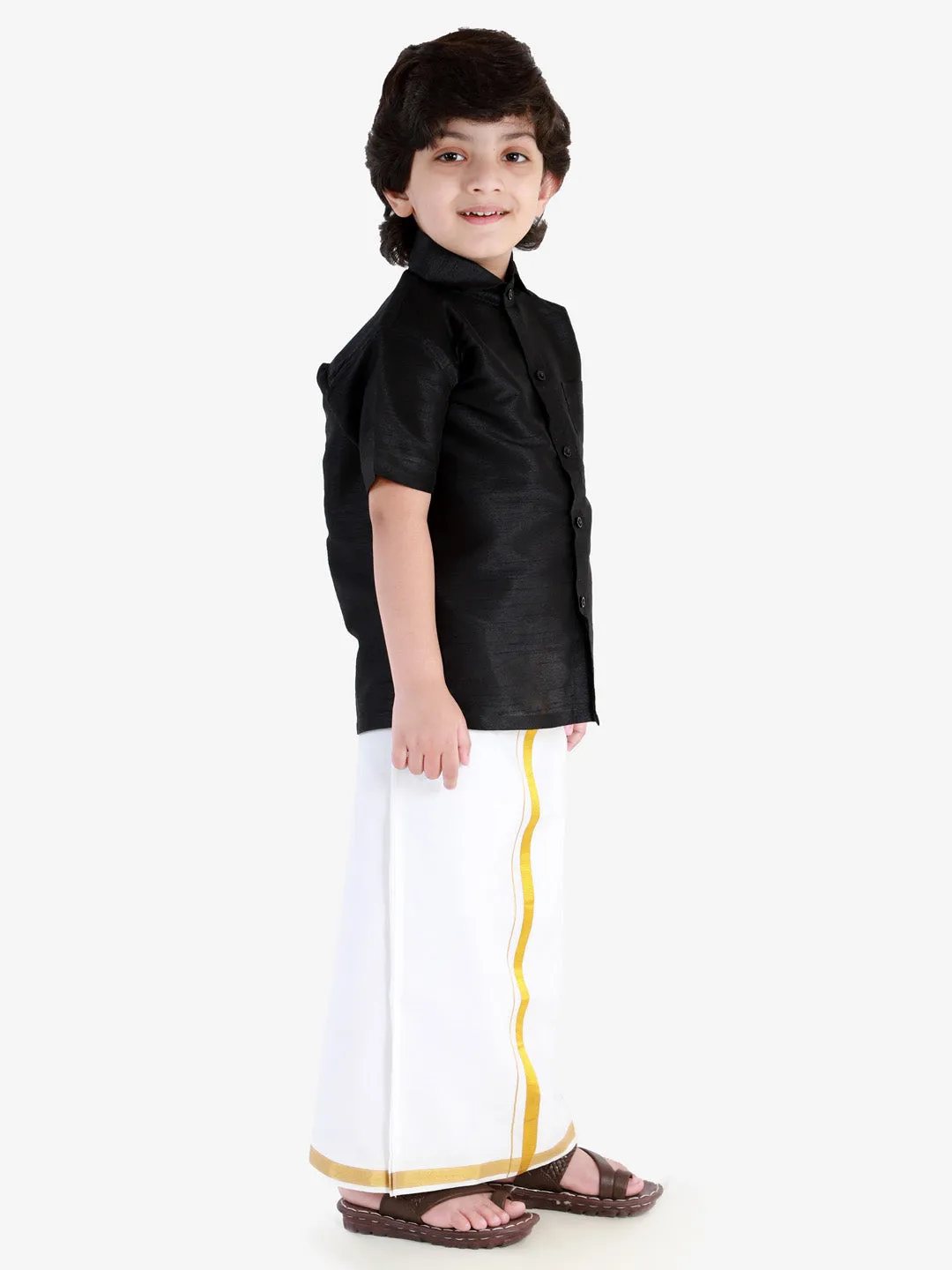 Vastramay Boys' Black Silk Short Sleeves Ethnic Shirt Mundu Vesty Style Dhoti Pant Set