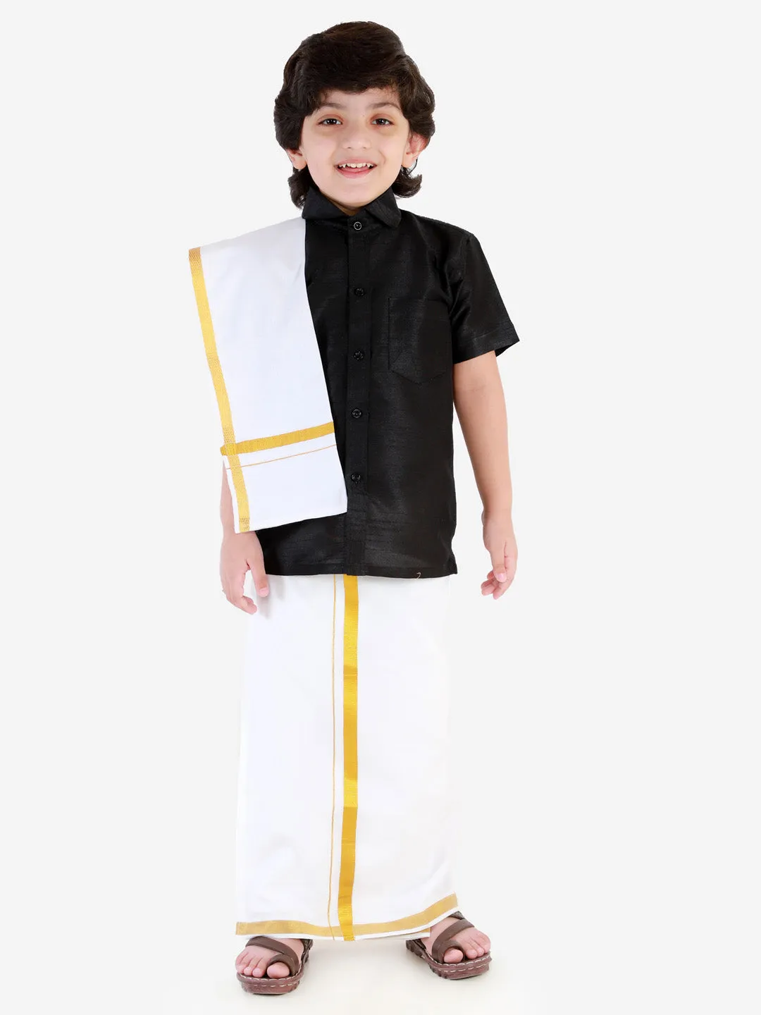 Vastramay Boys' Black Silk Short Sleeves Ethnic Shirt Mundu Vesty Style Dhoti Pant Set