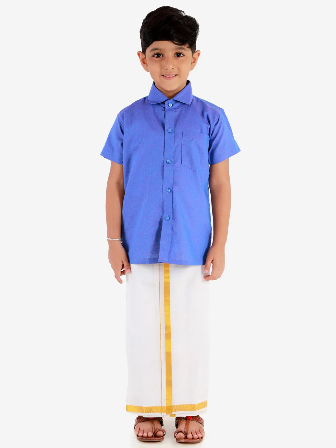 Vastramay Boys' Teal Blue Cotton Short Sleeves Ethnic Shirt Mundu Vesty Style Dhoti Pant Set