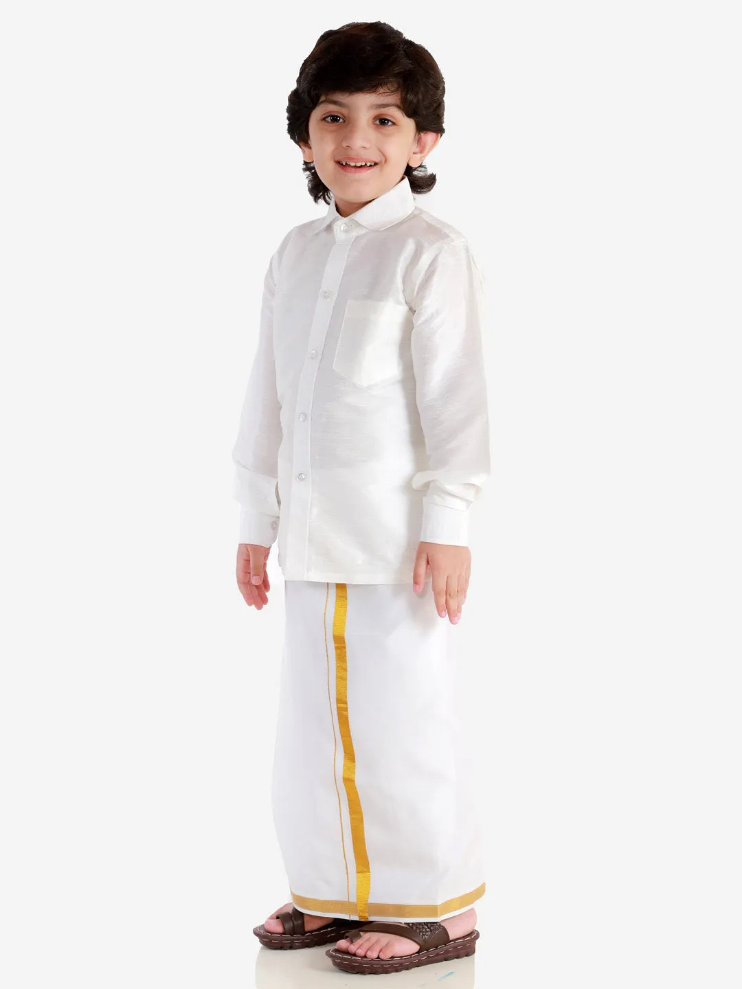 VASTRAMAY Boys' White Silk Long Sleeves Ethnic Shirt Mundu Vesty Style Dhoti Pant Set