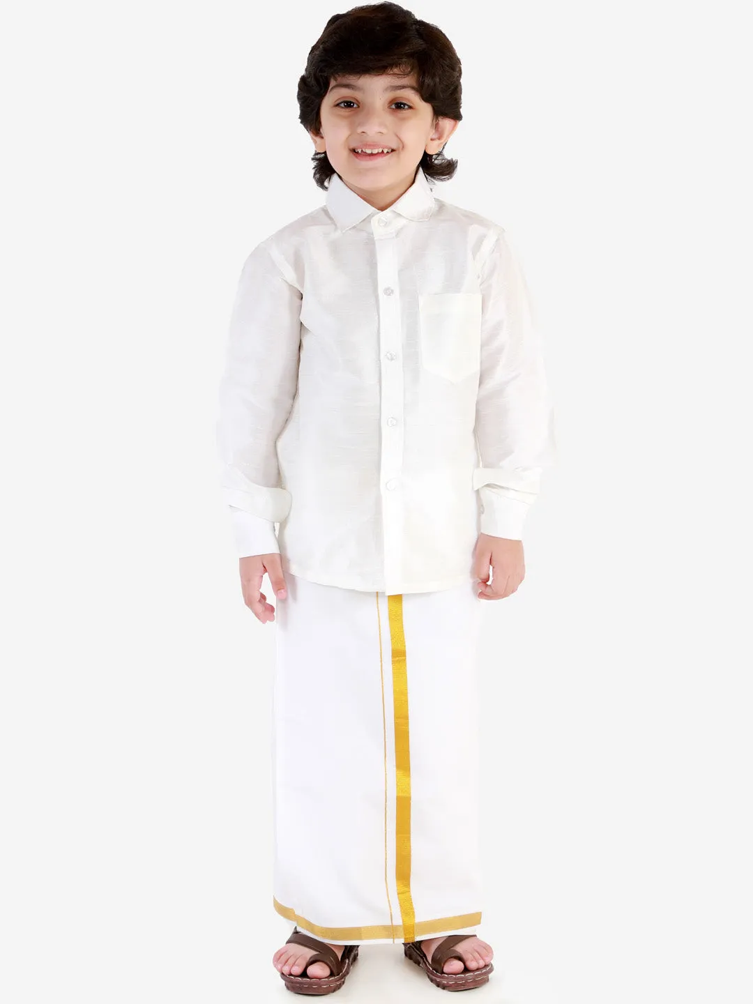 VASTRAMAY Boys' White Silk Long Sleeves Ethnic Shirt Mundu Vesty Style Dhoti Pant Set