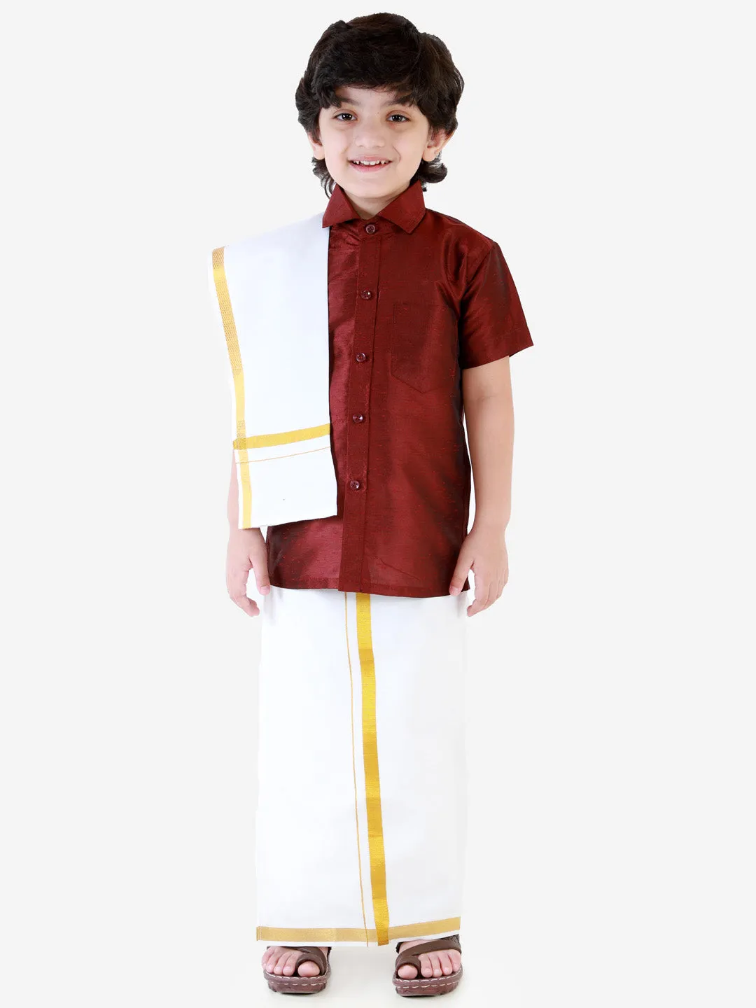 Vastramay Boys' Wine Silk Short Sleeves Ethnic Shirt Mundu Vesty Style Dhoti Pant Set