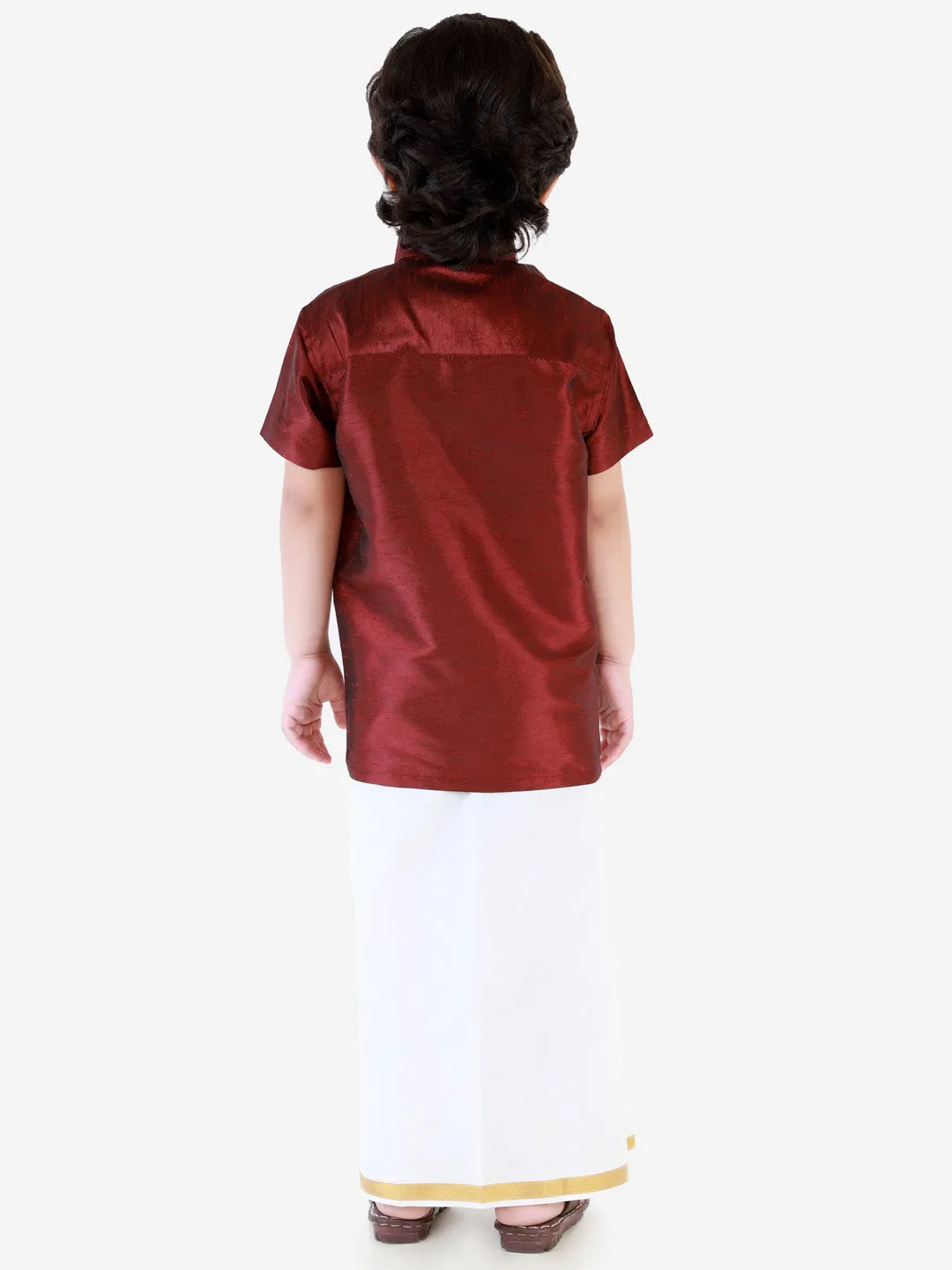 Vastramay Boys' Wine Silk Short Sleeves Ethnic Shirt Mundu Vesty Style Dhoti Pant Set