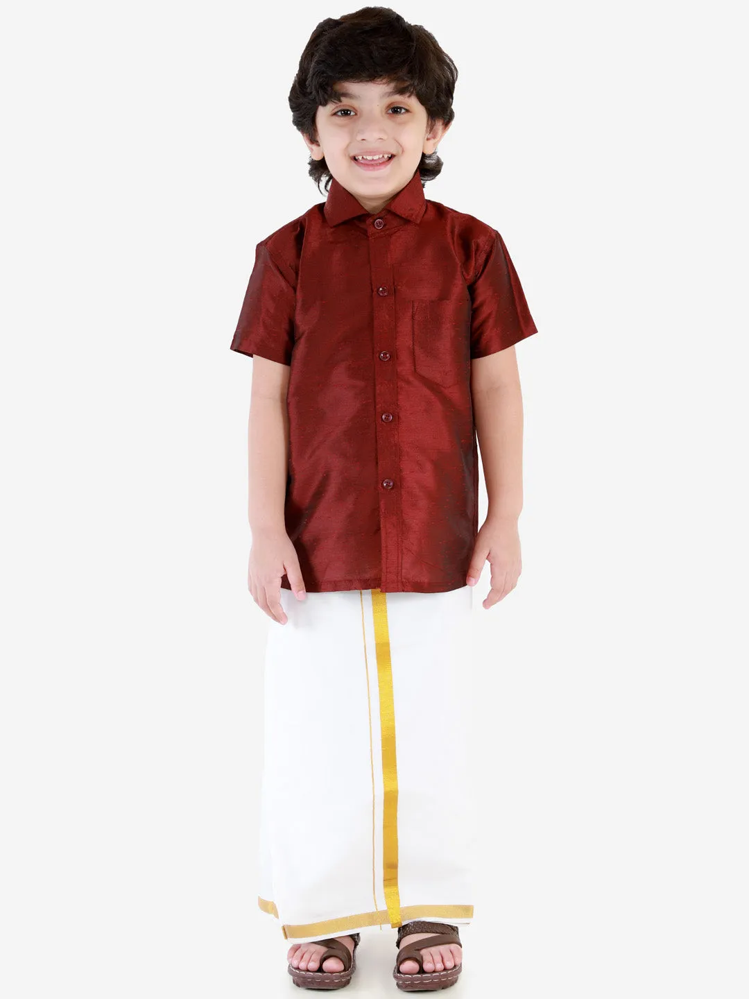 Vastramay Boys' Wine Silk Short Sleeves Ethnic Shirt Mundu Vesty Style Dhoti Pant Set