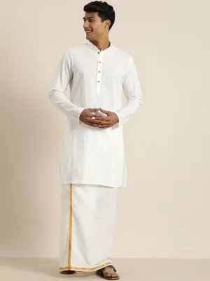 Vastramay Men's White Cotton Kurta & Mundu