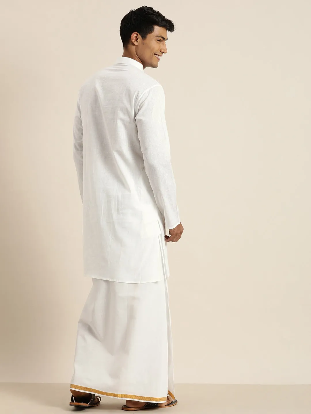 Vastramay Men's White Cotton Kurta & Mundu