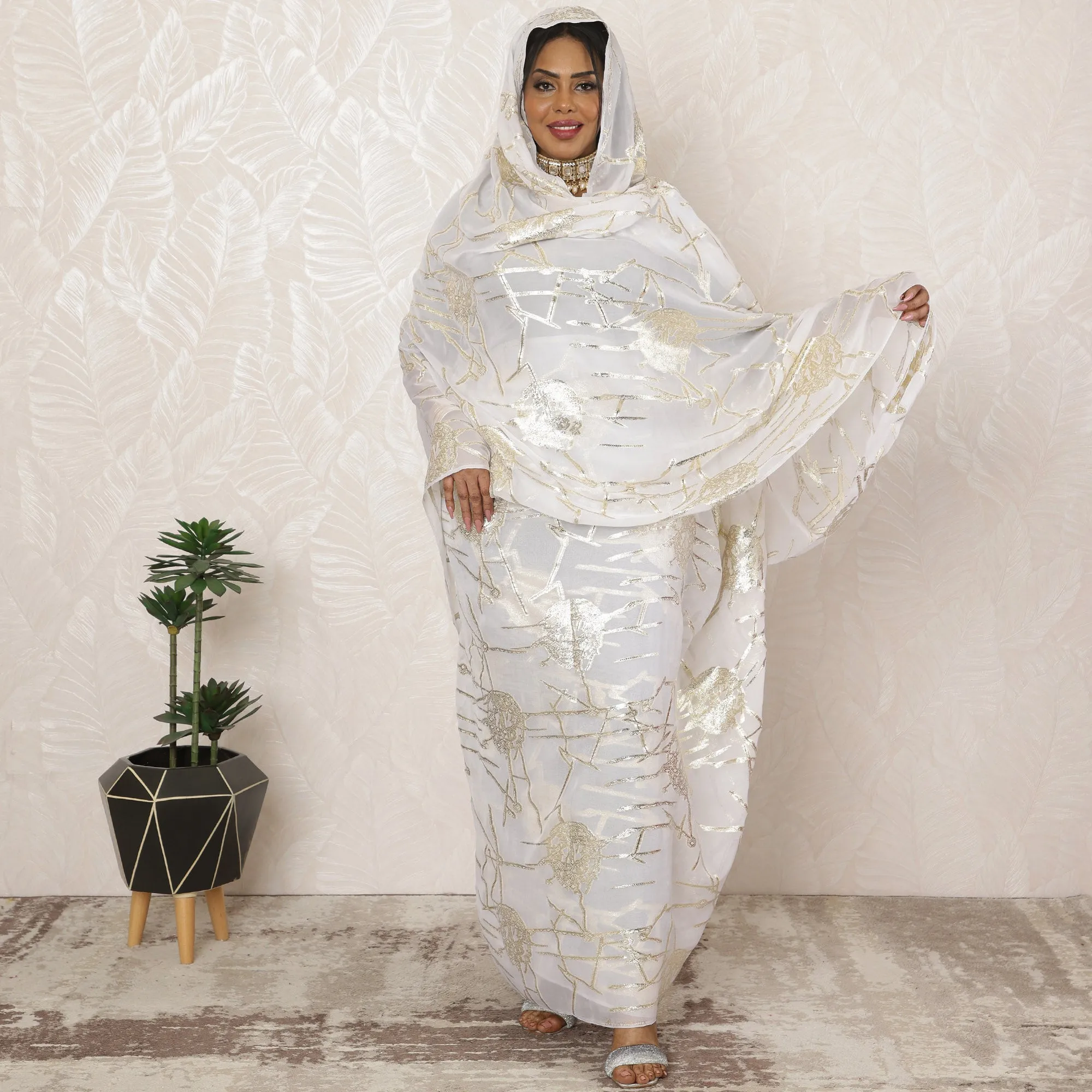 White Sudanese Thobe Fabric in Pure Silk Chiffon with Metallic Lurex, 4.5 Meters, 110 cm Width-D20399