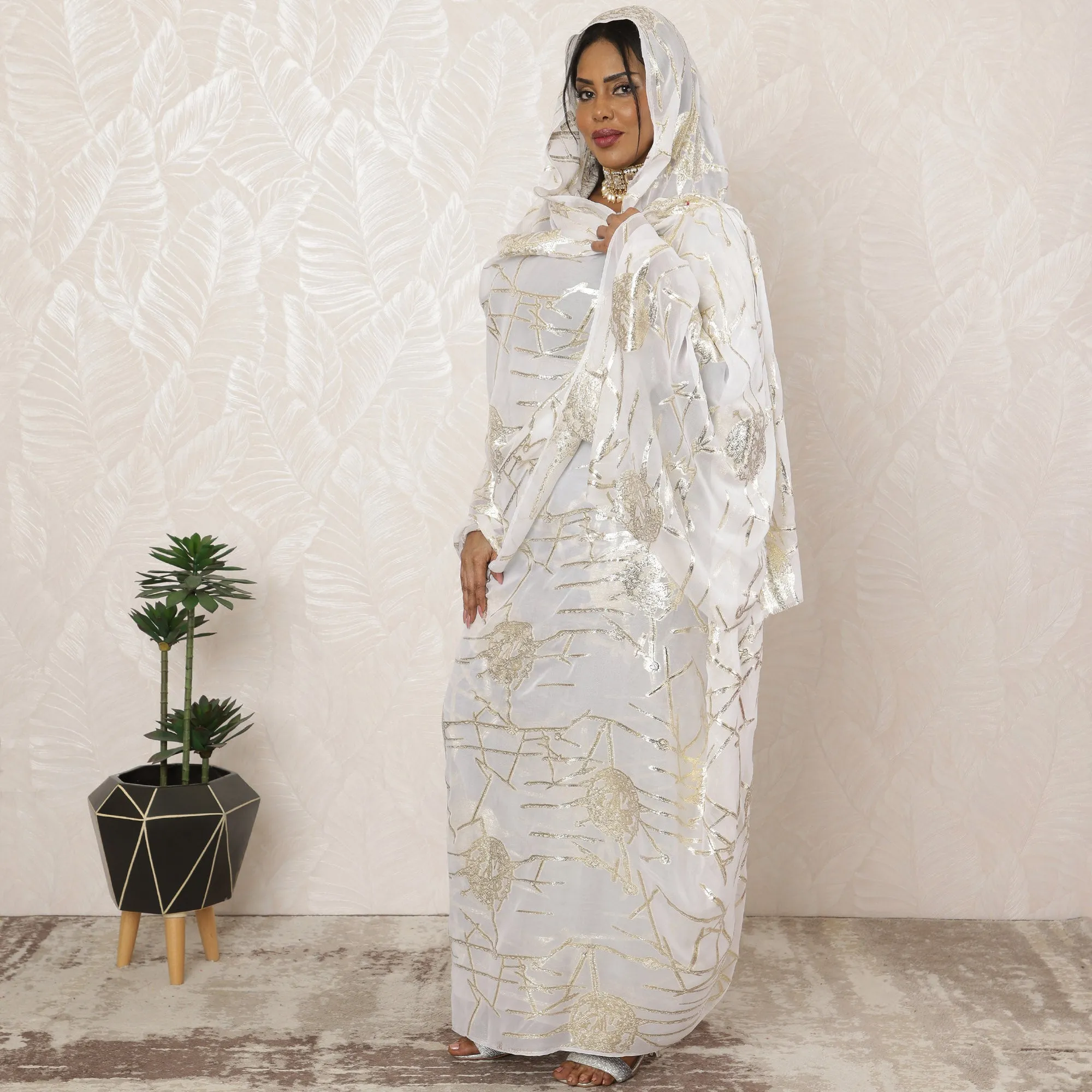 White Sudanese Thobe Fabric in Pure Silk Chiffon with Metallic Lurex, 4.5 Meters, 110 cm Width-D20399