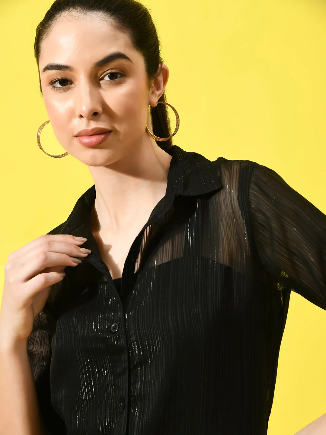 Women Vertical Stripes Semi Sheer Black Shirt